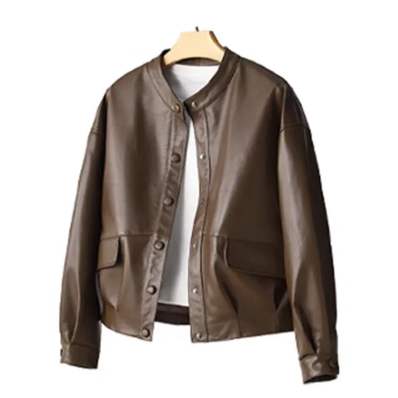 

High Quality Leather Jacket Black Short Sheepskin Coat Women's Spring and Autumn Casual Design Sense Motorcycle Clothing