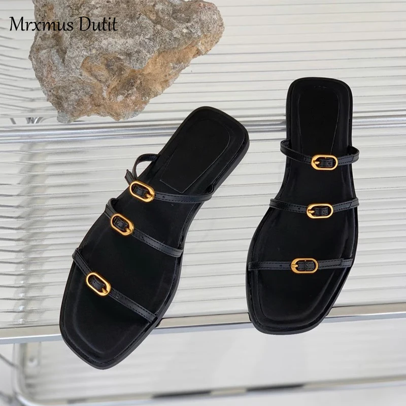 Mrxmus Dutit 2023 New Summer Fashion Genuine Leather Metal Button Flat Slippers Women Sandals Casual Simple Beach Shoes Female