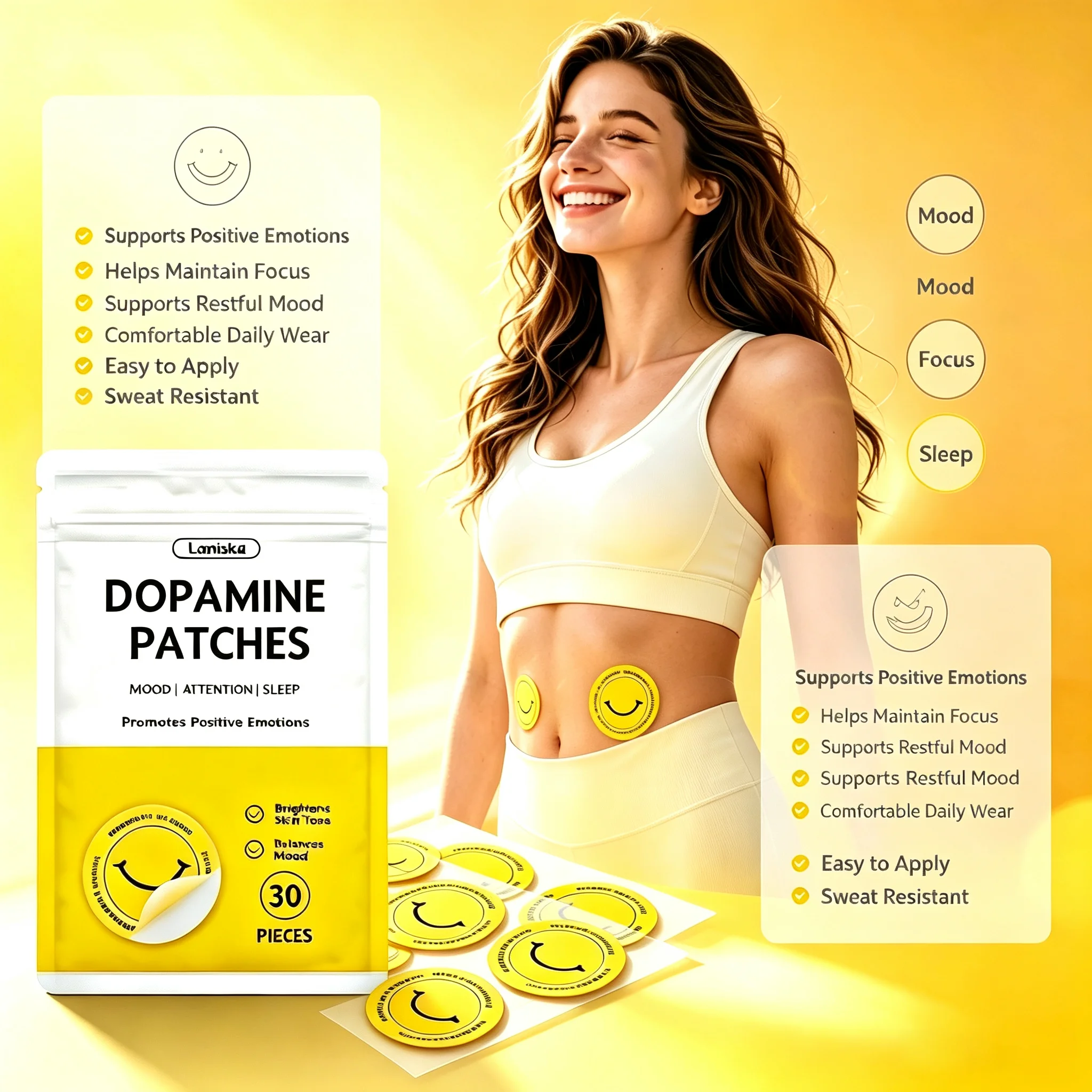 Dopamine Patches, Topical Wellness Patches to Support Positive Mood, Focus & Rest, 30‑Piece Supply