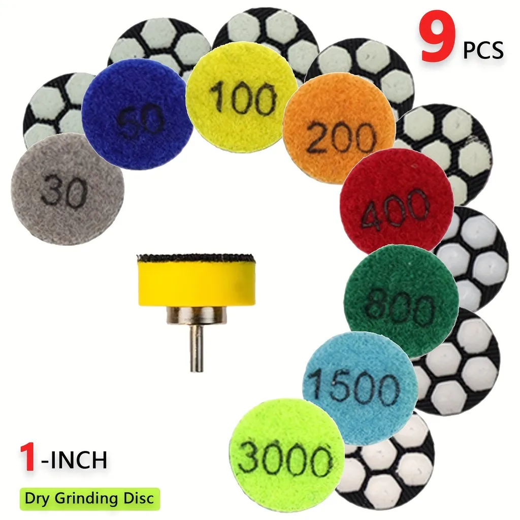 

Набор из 9 сухих полировальных кругов диаметром 1 дюйм – зернистость 30-3000, шестигранный хвостовик 3 мм, для реставрации мрамора, гранита, нефрита