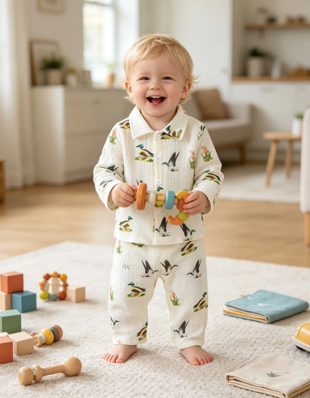 conjunto-de-pijama-infantil-de-algodao-waffle-com-estampa-de-pato-para-bebes-0-2-anos-meninos-meninas-camisa-de-manga-comprida-com-gola-e-calca-2-pecas-primavera-macio-respiravel