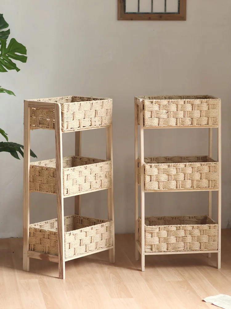 Retro solid wood shelves Living room floor-to-ceiling wooden multi-layer storage racks Corner hand-woven toy display