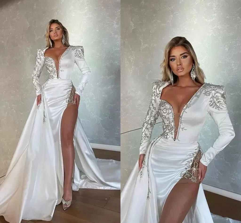 Simple Rhinestone Sequins Beading Mermaid Wedding Dresses Long Sleeves Satin Bride Gowns Vestidos De Novia