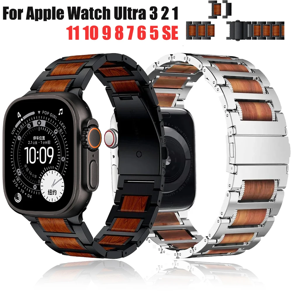 

Деревянный ремешок из красного сандалового дерева для Apple Watch Ultra 3 2 1 49 мм, 11 10 9 8 7 45 мм, 41 мм, 42 мм, 46 мм, ремешок из нержавеющей стали для IWatch 6 5 SE