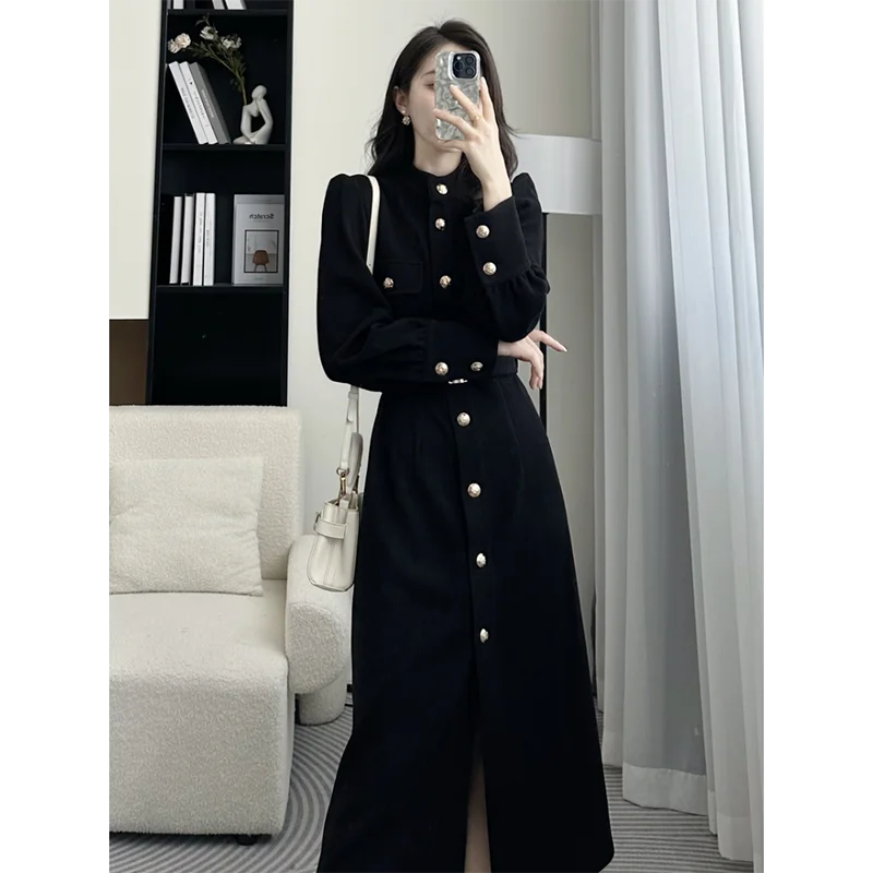 

French Hepburn Style Retro Style Sukienka Women Autumn Single-breasted Western Style Button Puff Sleeve Sashes Vintage Dress