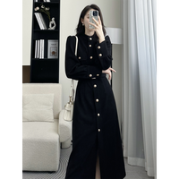 French Hepburn Style Retro Style Sukienka Women Autumn Single-breasted Western Style Button Puff Sleeve Sashes Vintage Dress