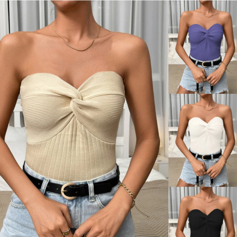 

Sexy Screw Thread Knit Tank Top Off Shoulder Twist Halter Crop Tops Women Sleeveless Backless Cropped Vest Camisole Female