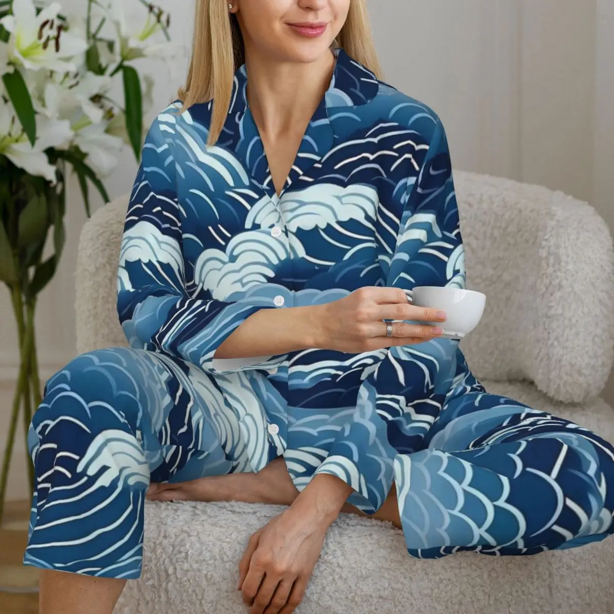 Japanese Seigaiha Pajamas Set Spring Blue Ocean Waves Trendy Leisure Sleepwear Woman Two Piece Casual Pattern Nightwear Gift