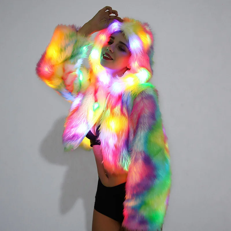 

imitation fur coat fox fur women cosplay Halloween Christmas color LED lights jacket nightclub wear rave adult dancing costume