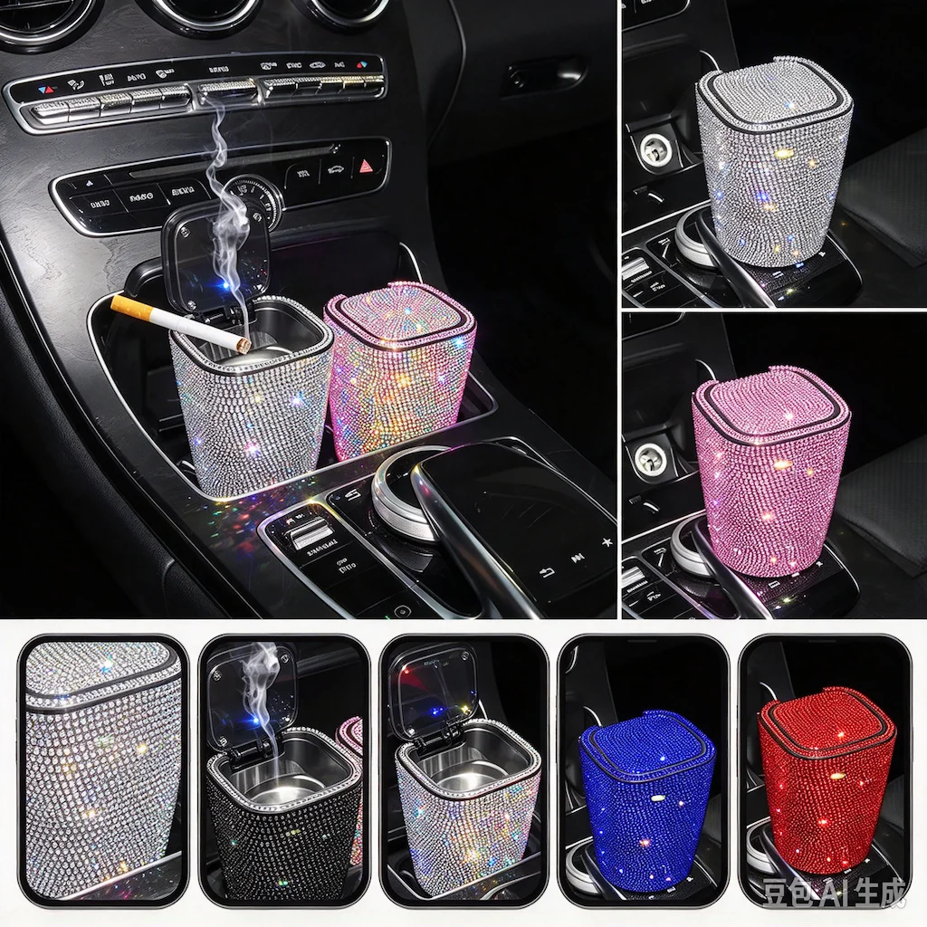 6 Colors Gift Box Packing Car Ashtray Rhinestones Portable Light Crystal Diamond Led Car Ash Tray Ashtray Storage Holder