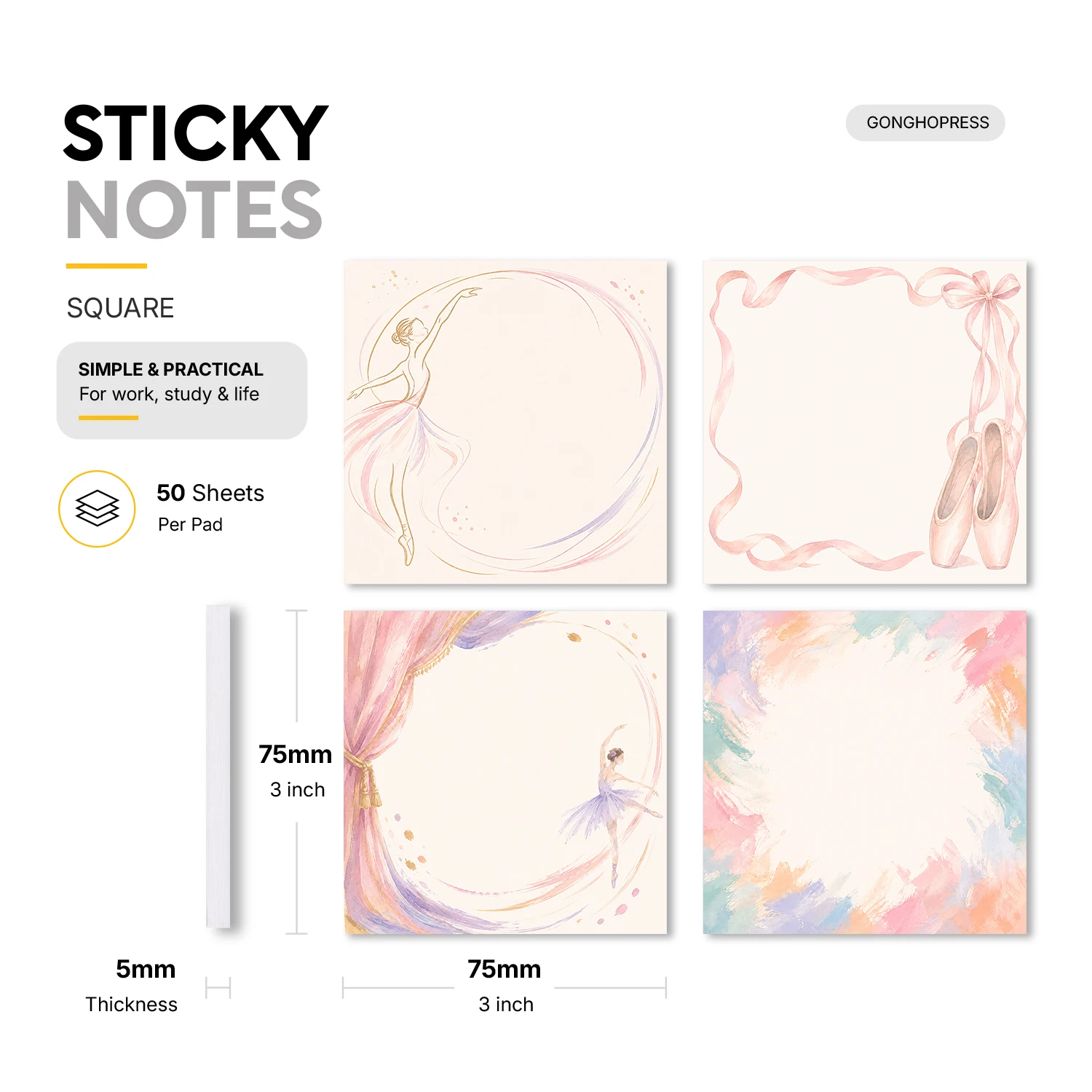 4pcs Ballet Sticky Notes Set, Elegant Dancer Self Stick Memo Pads, 200 Sheets Total, Aesthetic Art Notepad, Removable Adhesive