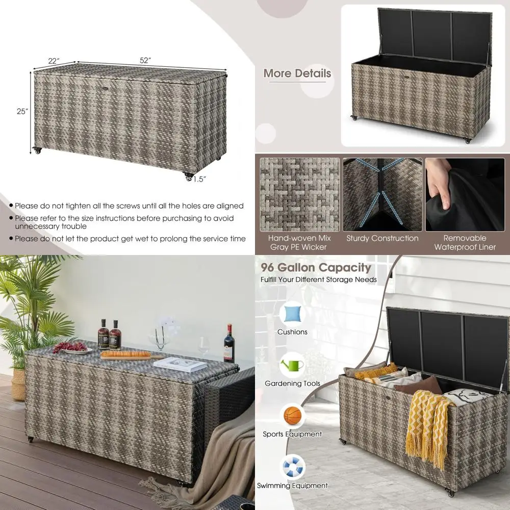 

Ящик для хранения на открытом воздухе объемом 96 галлонов с колесами и вкладышем, многофункциональный для патио, сада и аксессуаров для бассейна