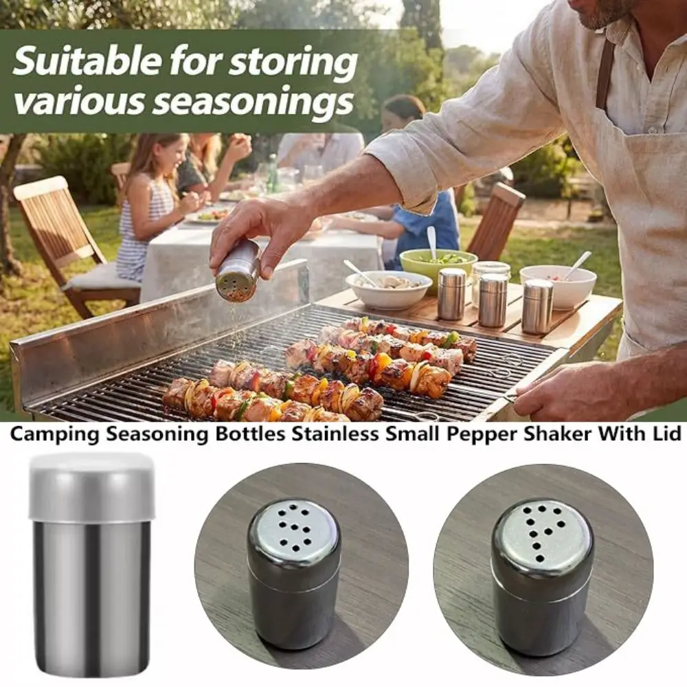 2pcs Stainless Camping Seasoning Bottles Small With Lid Pepper Shaker With Storage Bag Outdoor Cooking Tools