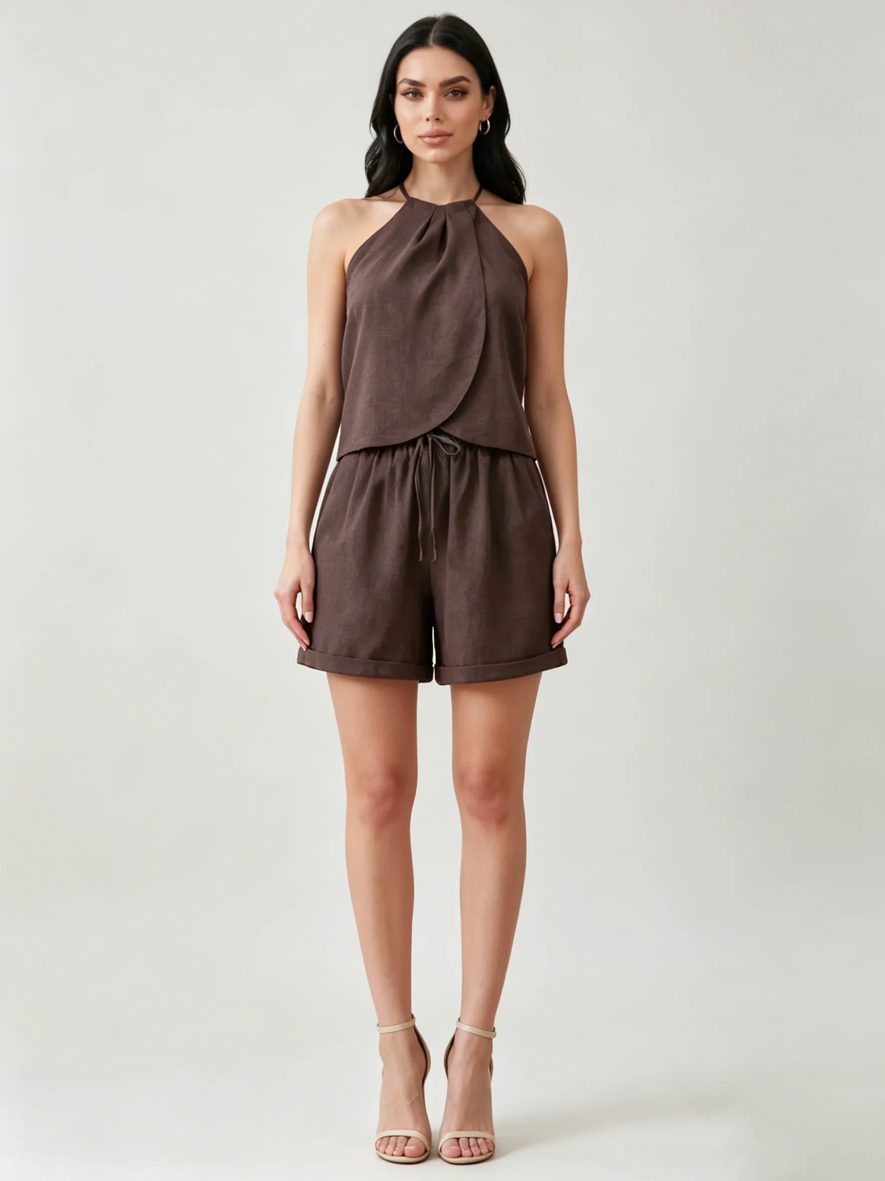 

LIMO Women's Halter Neck 2 Piece Linen Outfit Sleeveless Top & Drawstring Shorts Casual Set