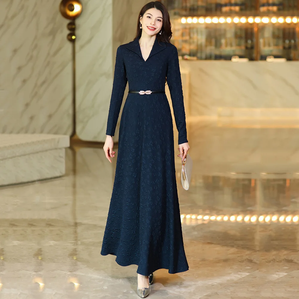 

New Women Navy Blue Jacquard Dress Spring Autumn Fashion V-Neck Long Sleeve Slim Waist Long Dress Gentle Elegant A-line Dress