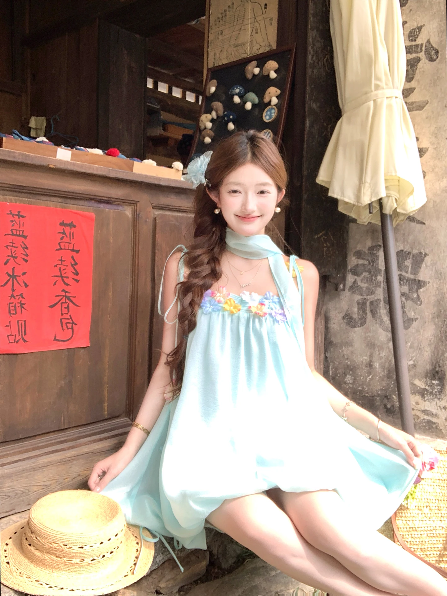 Acaine Island Fragrance Midi Long Sleeveless Women's Dress Summer Vacation Style Printed Cake Skirt Loose Fit Neck Hanging