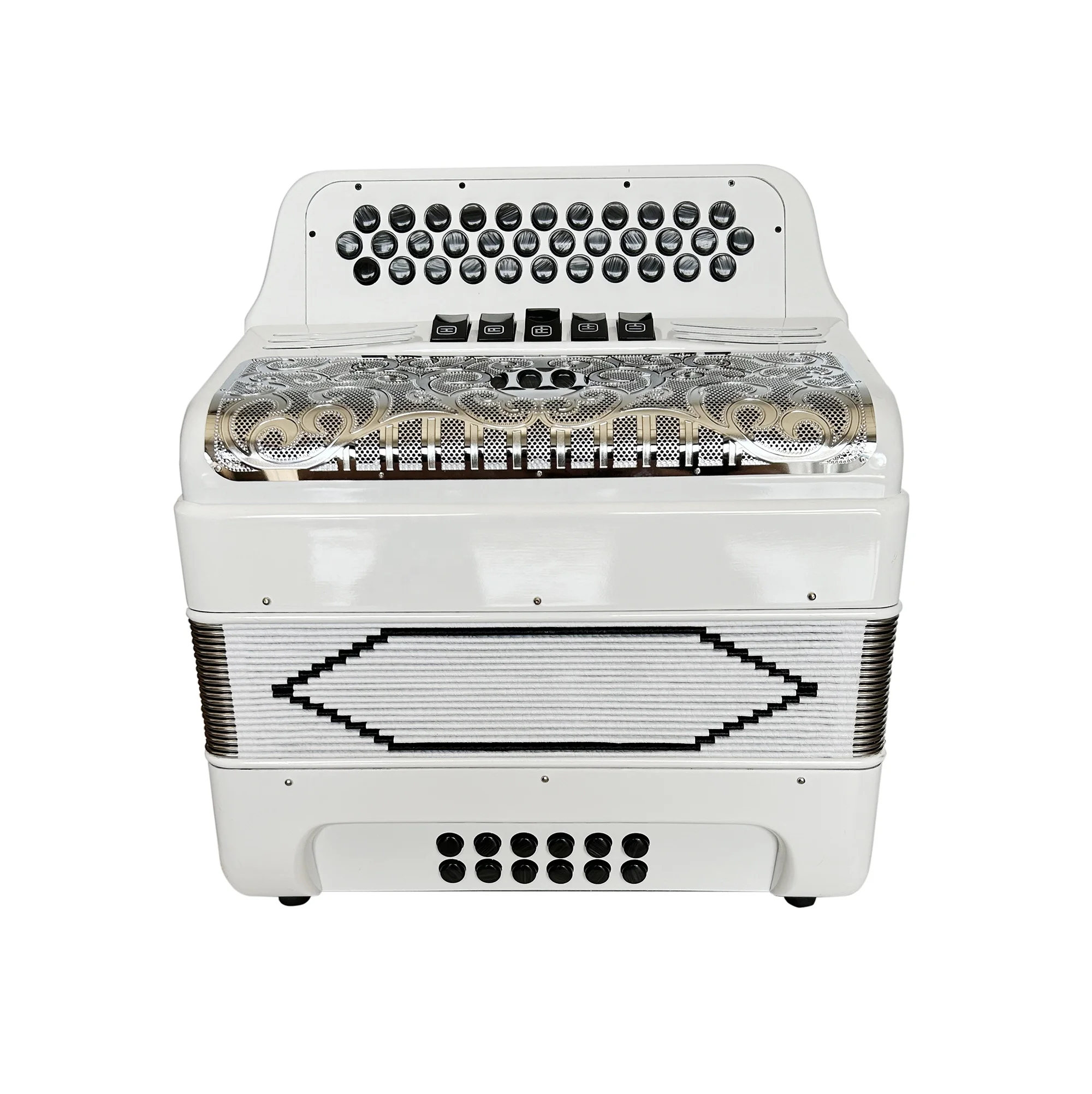 Professional 12 Bass 5 Registers Accordion 34 Buttons Silver Grill Bright White Diatonic Concert Wood Portable