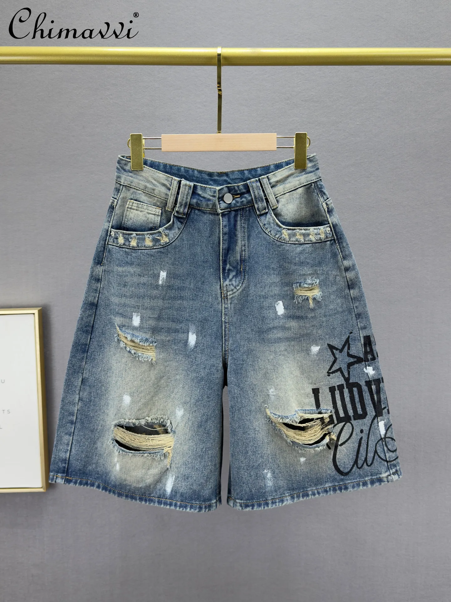 

Fahshion Distressed Denim Shorts for Women Summer New High-waisted Loose Fit Slimming Vintage Washed Wide Leg Shorts Jeans