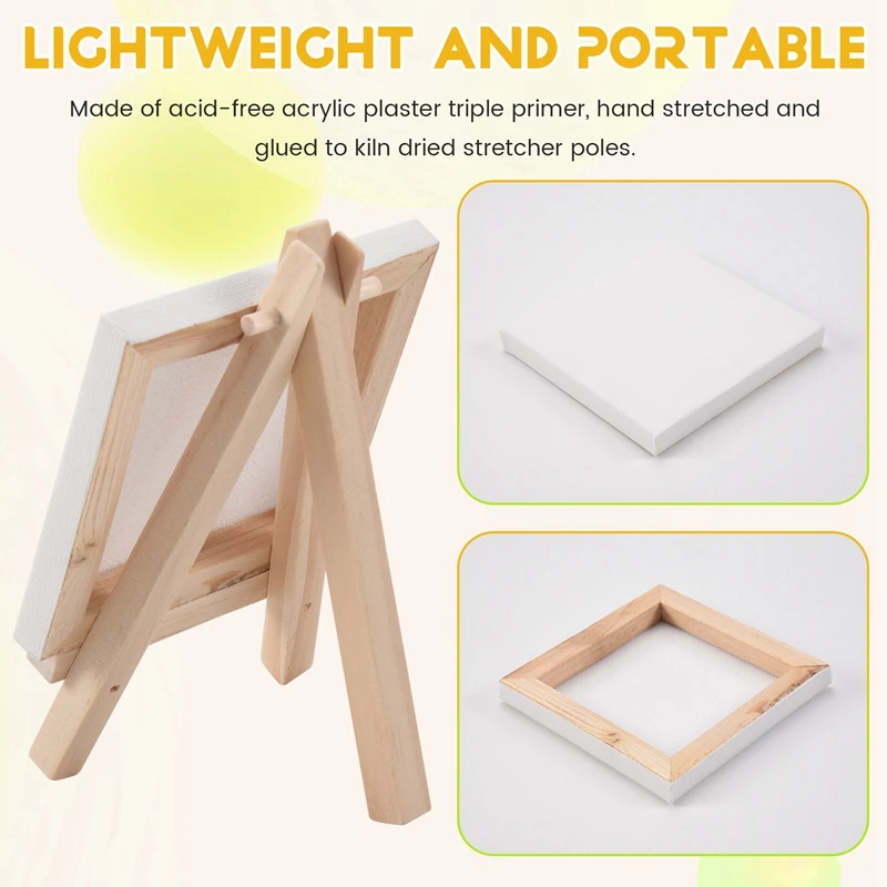 14Pcs Mini Canvas And Easel Brush Set, Canvas 4X4 Inch, Pre-Stretched Canvas, Mini Painting Kit, Kids Painting Party