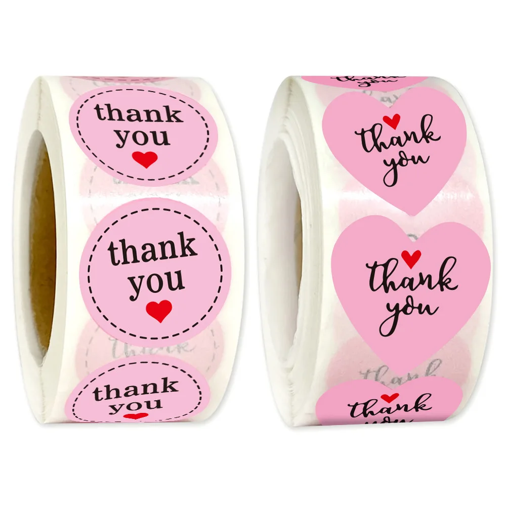 JCAC 500pcs/roll Pink Round Heart Thank You Stickers, Self-Adhesive Handmade Wedding Birthday Decorative Labels
