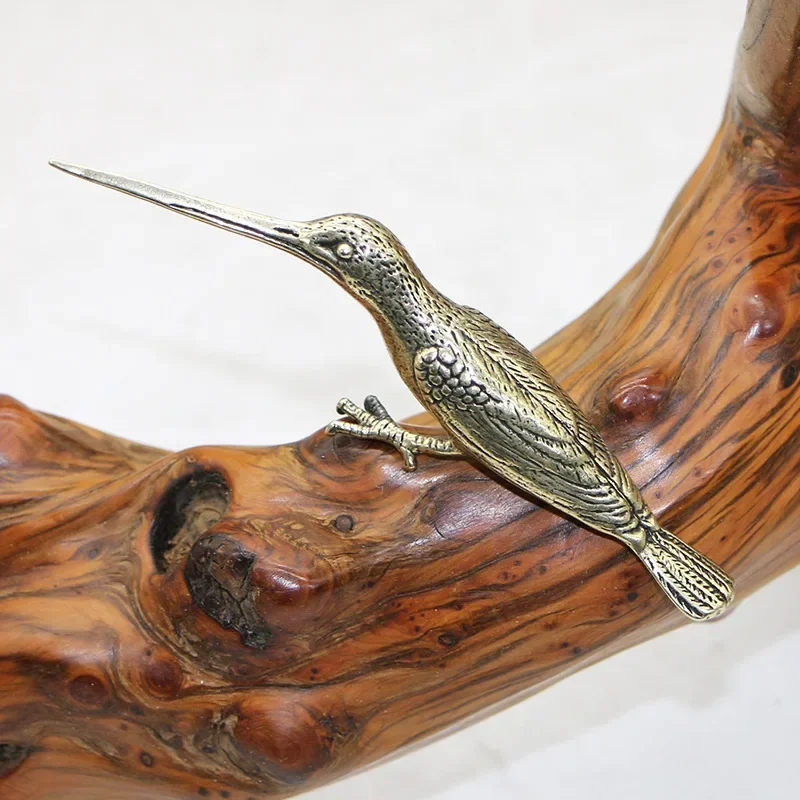 Solid pure copper reporting bird simulation long billed hummingbird tea knife brass micro carved handle piece small emerald bird