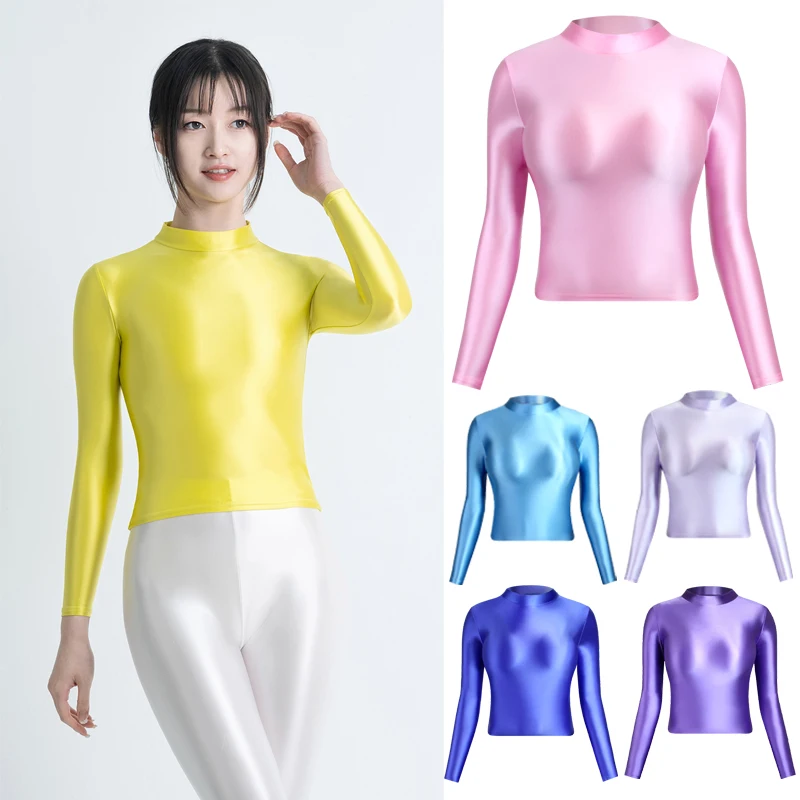 Women Glossy Oil Activewear Tops Sports Fitness Satin Tights Long Sleeve Swim Yoga Short Pullover High Neck Casual T-shirts Tops