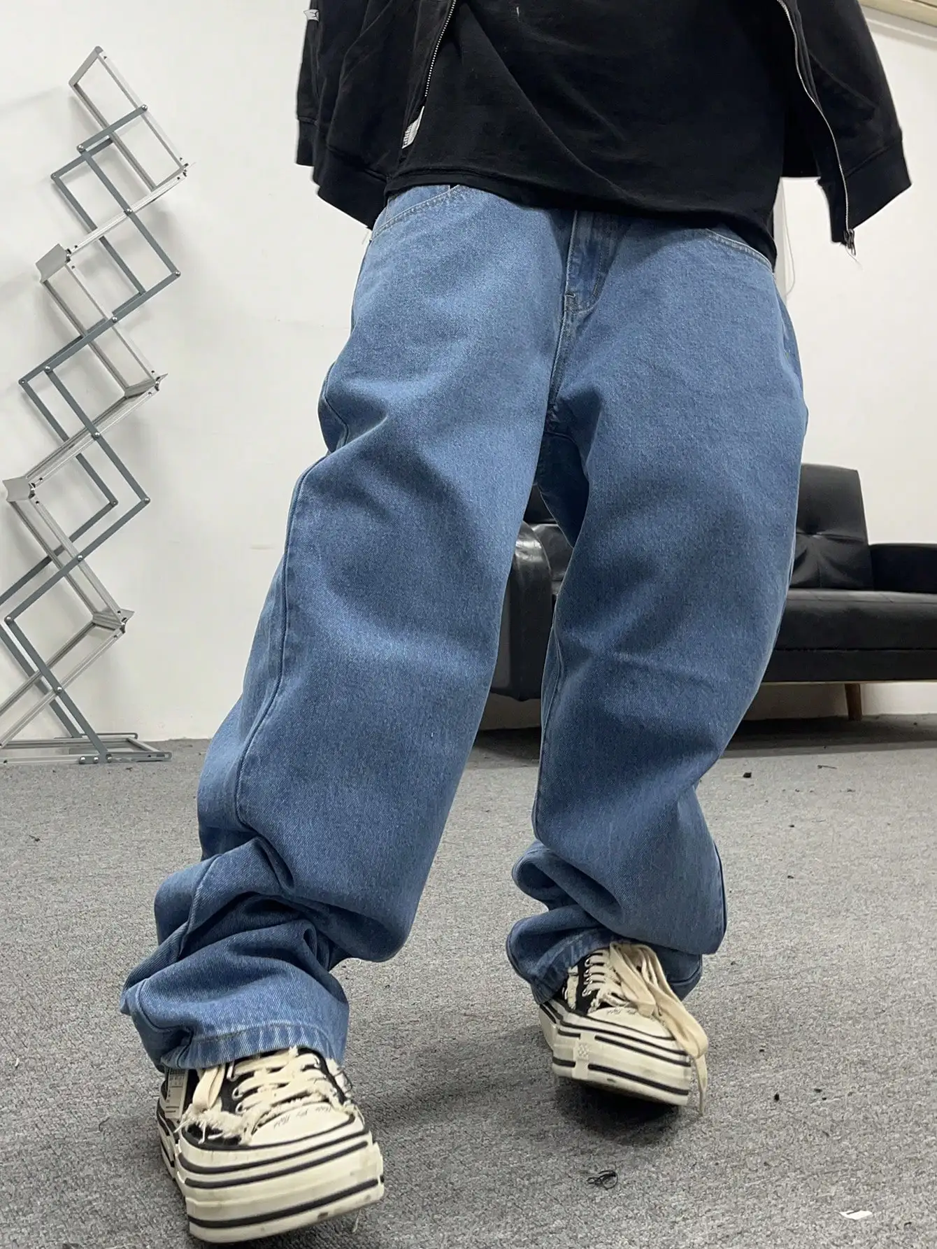 Men Light Blue Baggy Denim Jeans Vintage Washed Wide Leg Denim Pants Hip Hop Streetwear Loose Fit Casual Long Trousers For Male
