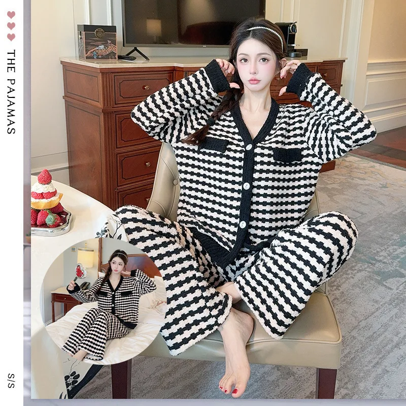 Loose striped spring autumn sleepwear women soft sticky V-neck long sleeved pants small fragrant style homewear fashionable set