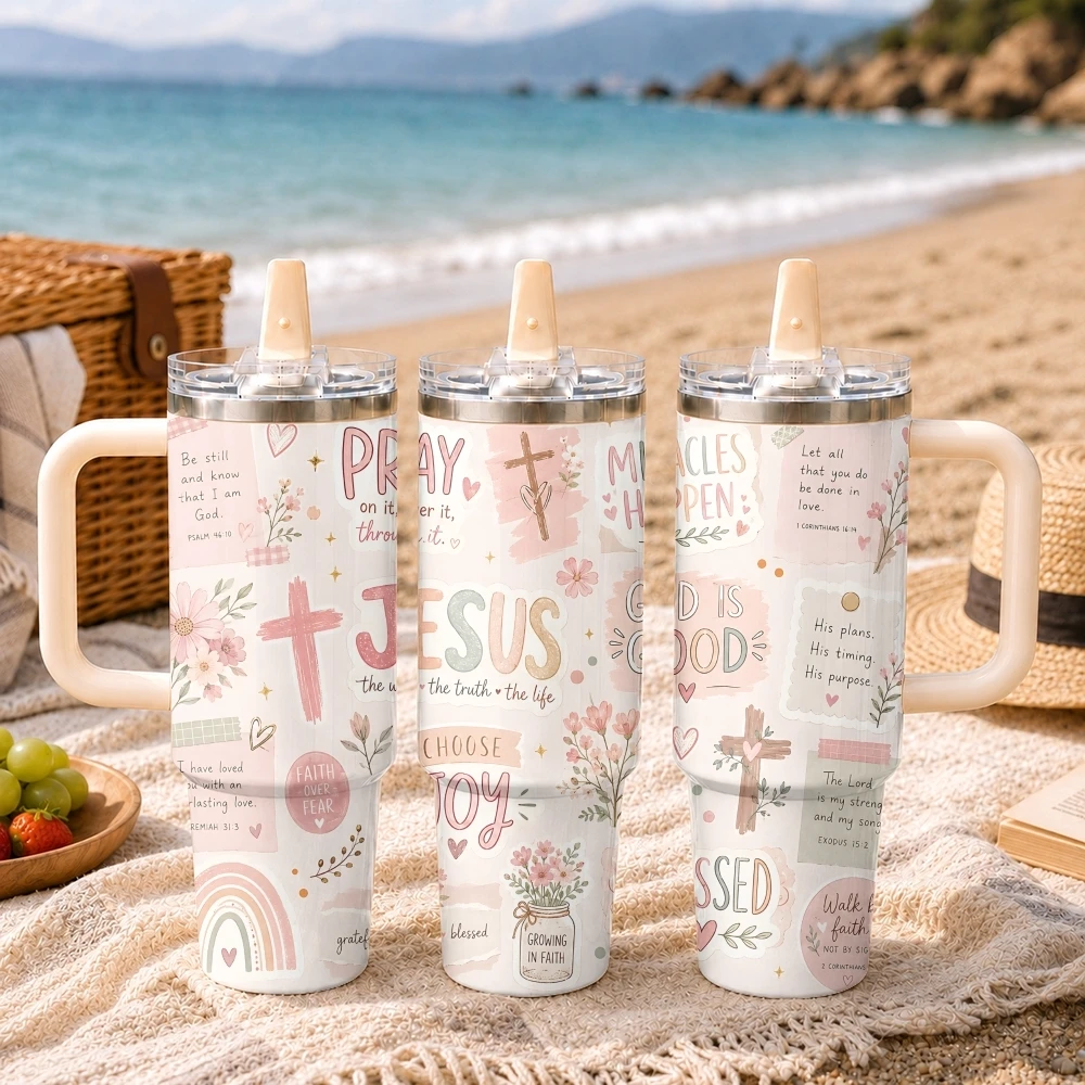 Pink Christian Inspirational Prayer Vacuum Flasks 40oz Thermal Tumbler Handle Stainless Steel Insulated Water Portable Mug Cup