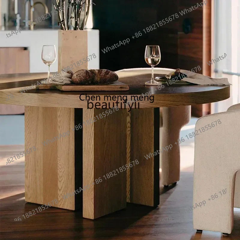 2003Medieval retro creative round dining table wabi wind household solid wood round dining table simple modern round tableAA