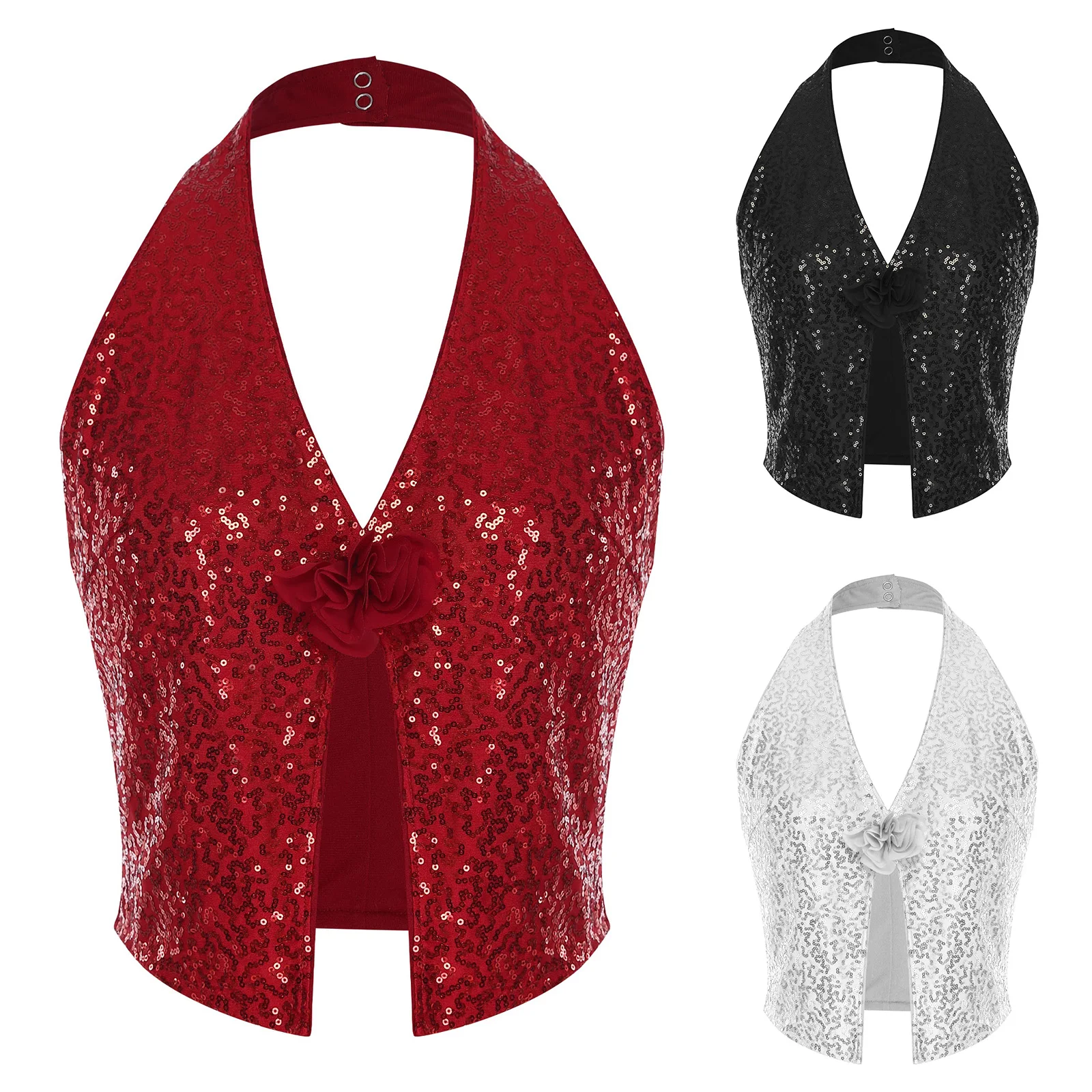 سترات نسائية لامعة رسن سباركلي ترتر بدلة صدرية بلايز بدون أكمام سترة أنيقة للحفلات المسائية زي كوكتيل الهذيان #2