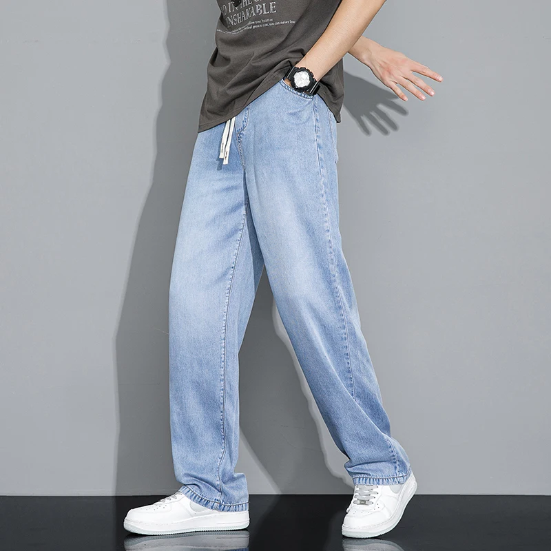 

New Summer Lyocell Men's Baggy Jeans Drawstring Elastic Waist Fashion Denim Wide-leg Pants Male Brand Trousers