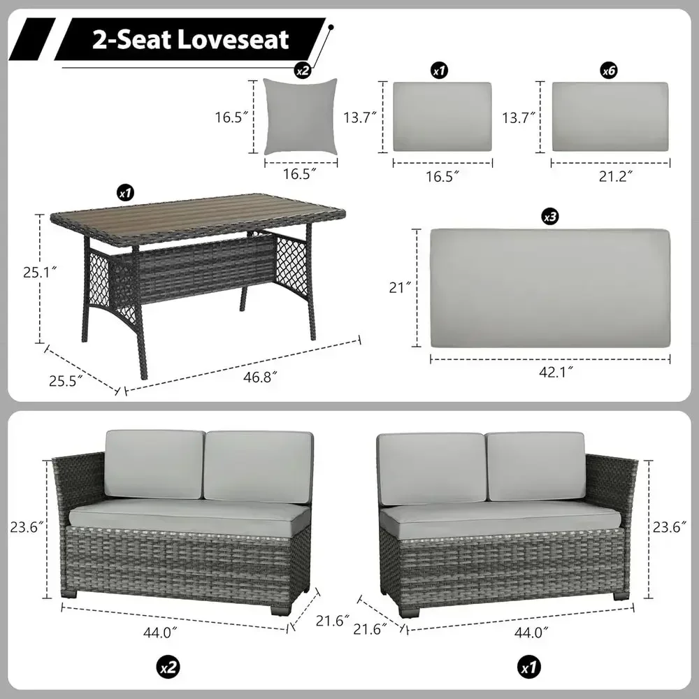 7-Piece Outdoor Wicker Dining Set with Table and Chairs, Grey-Light Grey Color