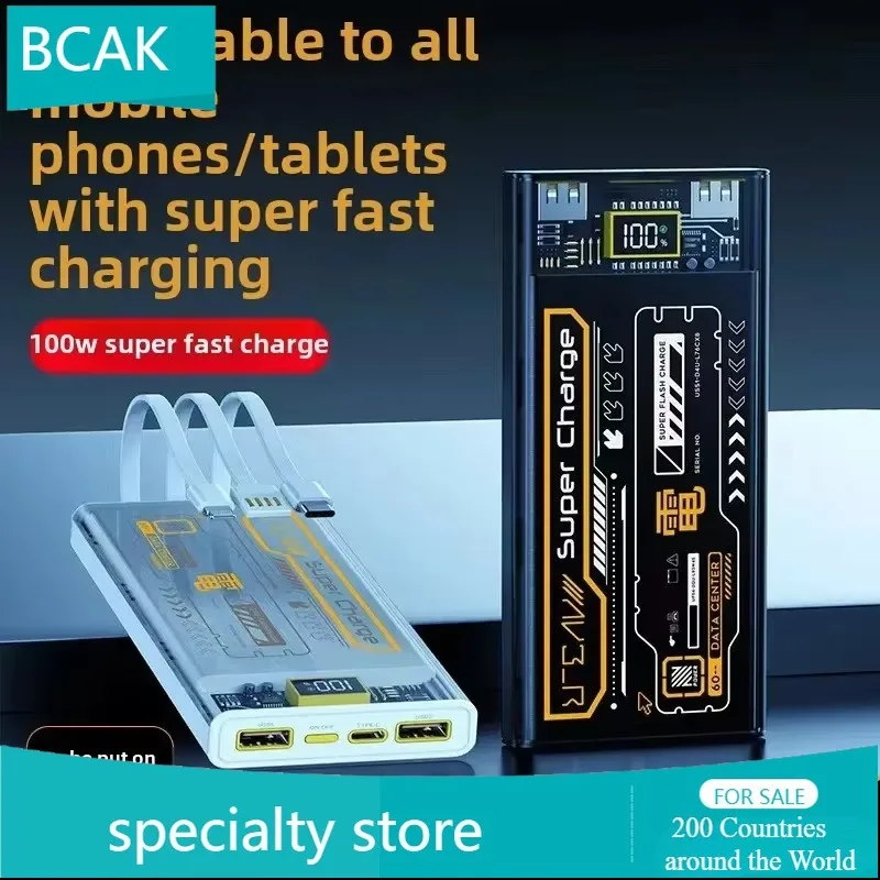 New BCAK Transparent Mecha Wind Power Bank Fast Charging Belt Cable 20000mAh Small Portable  Outdoor Mobile Power Supply