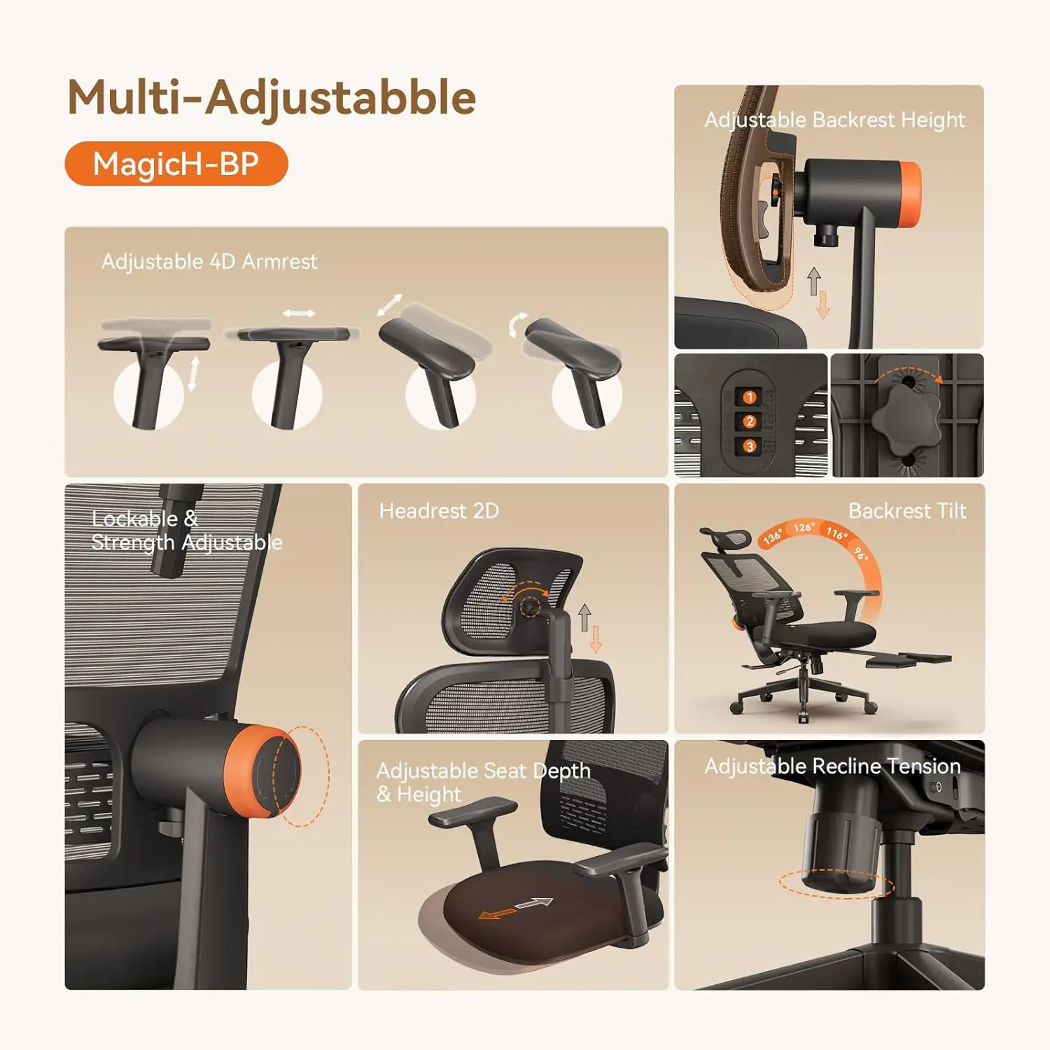 كرسي مكتب مريح مع مسند للقدمين، دعم قطني متتبع تلقائيًا، كرسي مكتب عالي الظهر مع مسند ذراع 4D، 136 ° قفل الميل، ضبط #6