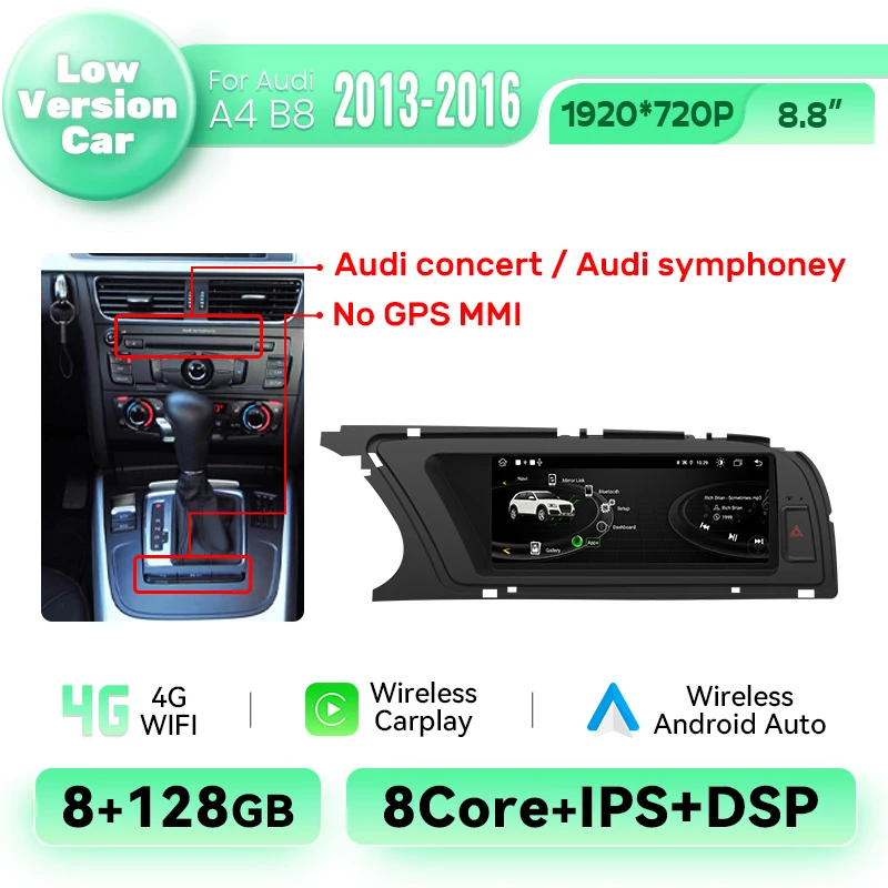 Ai Stem Draadloze Carplay Auto Autoradio Speler Voor Audi A4 2009-2016 Android 14 4G Wifi Bt Gps Navi Dsp Android Auto Stereo