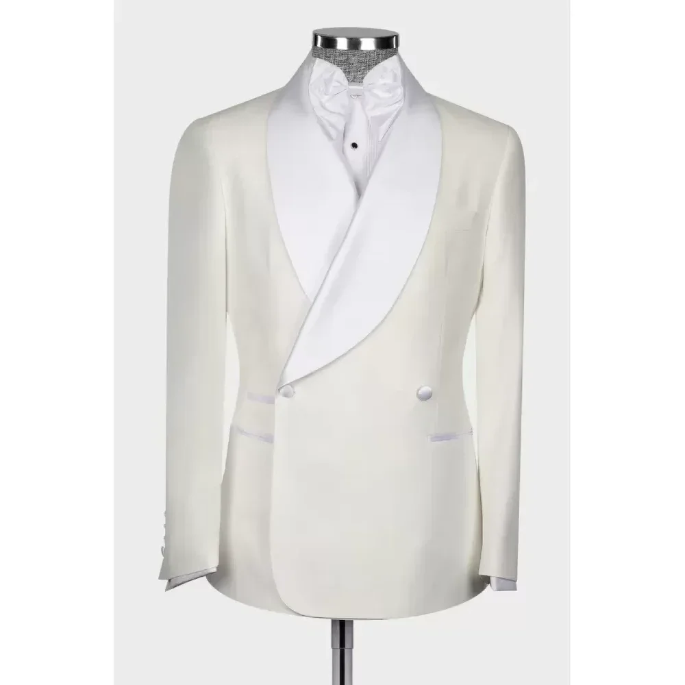 

Chic Ivory Shawl Lapel Men Suits Two Piece Elegant Groom Wedding Tuxedo Fashion Banquet Dinner Party Male Suit (Blazer+Pants)