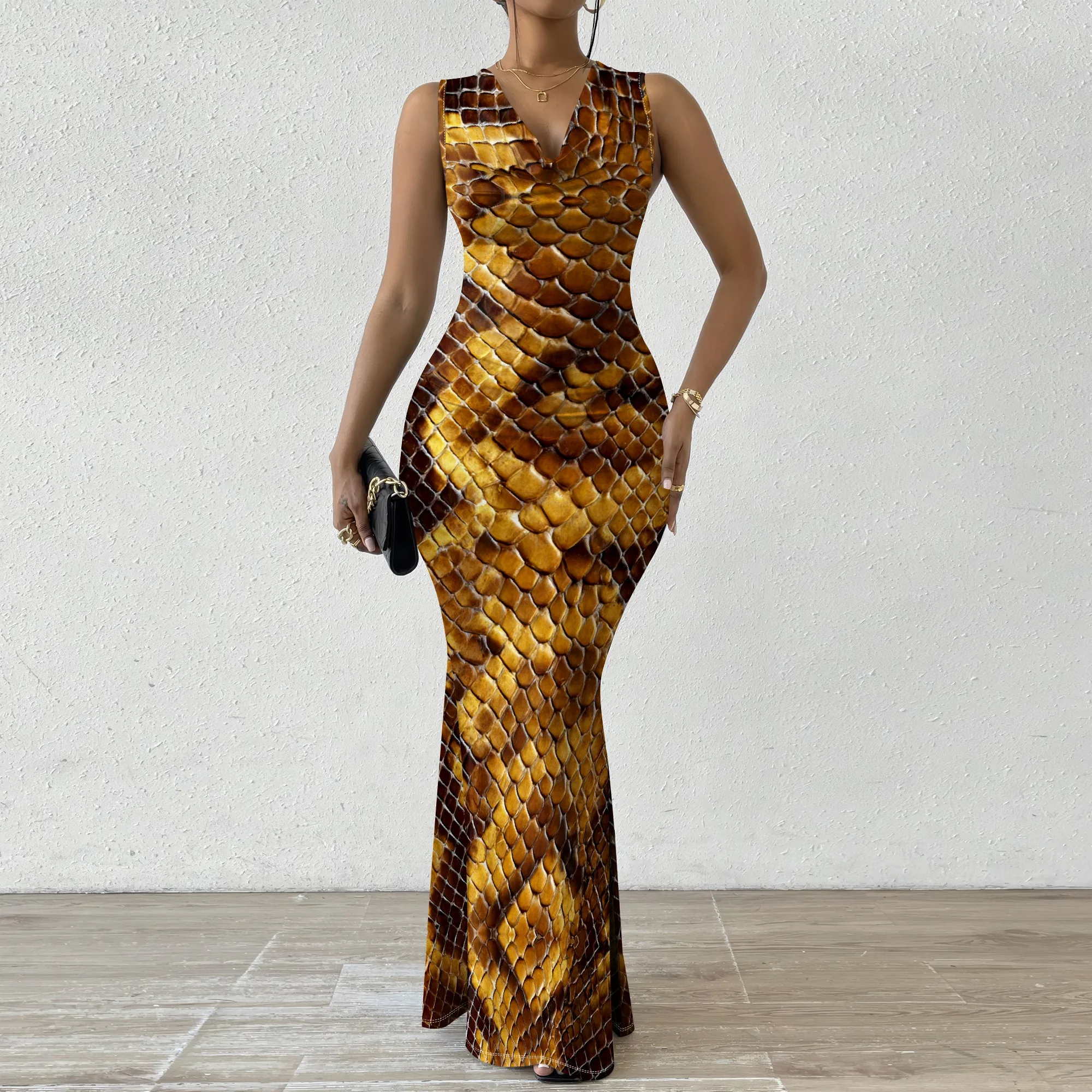 

Elegant Women's Mermaid Dress Sleeveless Cowl Neck Snakeskin Animal Print Bodycon Maxi Formal Evening Party Gown XS-2XL