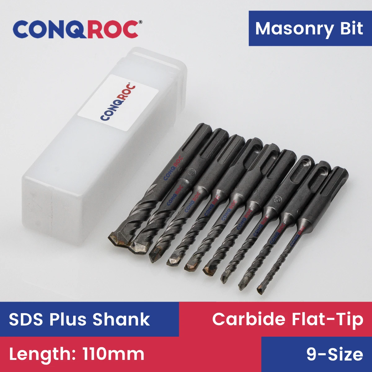 Masonry Drill Bits Set SDS Plus Shank Carbide-Flat-Tip Length-110mm 9-Size Diameter-4&5&5.5&6&6.5&7&8&10&12mm for Hammer