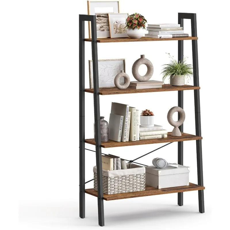 Ladder 4-Tier Bookshelf, Storage Rack, Bookcase with Steel Frame, for Living Room, Home Office, Kitchen,Bedroom,Industrial Style