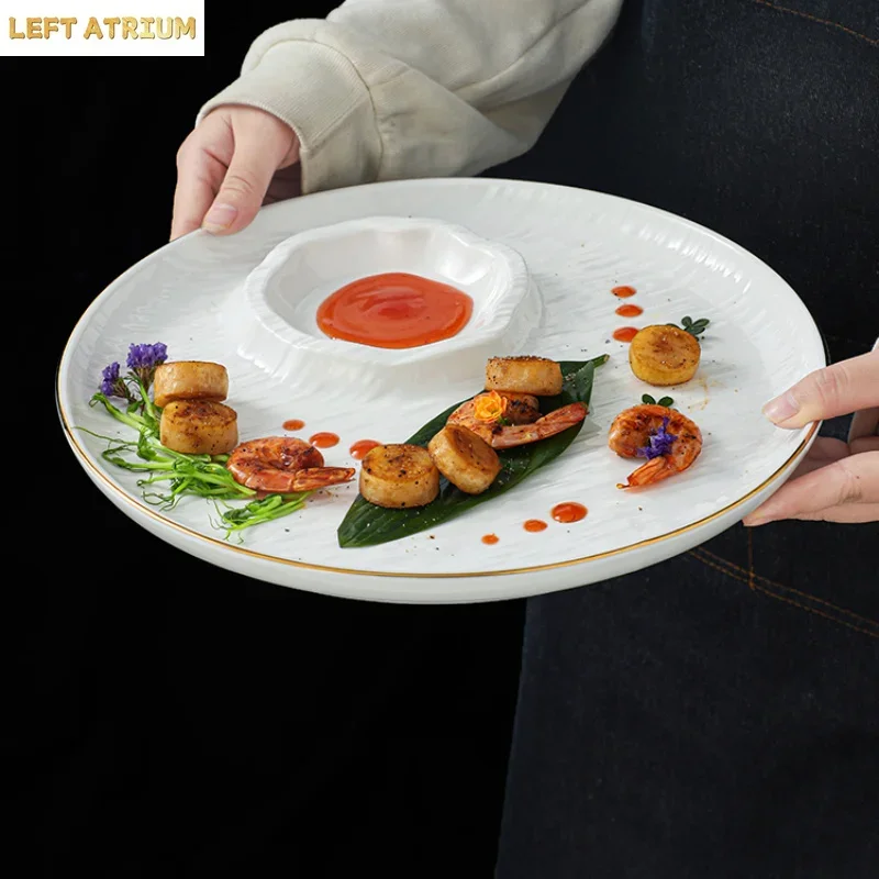 Sushi Plate Dumpling Plate with Dipping Saucer,Snack ChipDip Serving Tray,Multi-purpose Split Ceramic Plate for Home&Restaurant