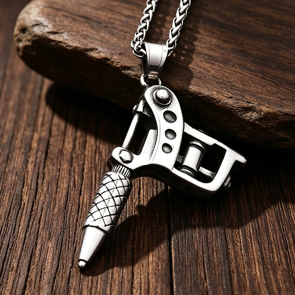 Stainless Steel Vintage Tattoo Gun Pendant Necklace Men Women Artisan Studio Collector Durable Jewelry Gift Dropshipping