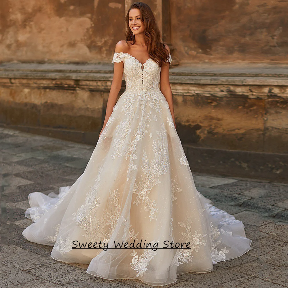 

Romantic Wedding Dress Woman Bride Gown Customized Off The Shoulder V Neck Applique Glitter Bridal Dresses Sweep Train