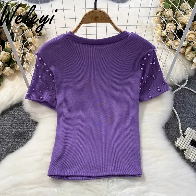 Summer Korean Style Diamond-encrusted Beads T-shirt for Woman 2025 Fashion Short Sleeve Pearls O Neck Pure Color Short Tee Top