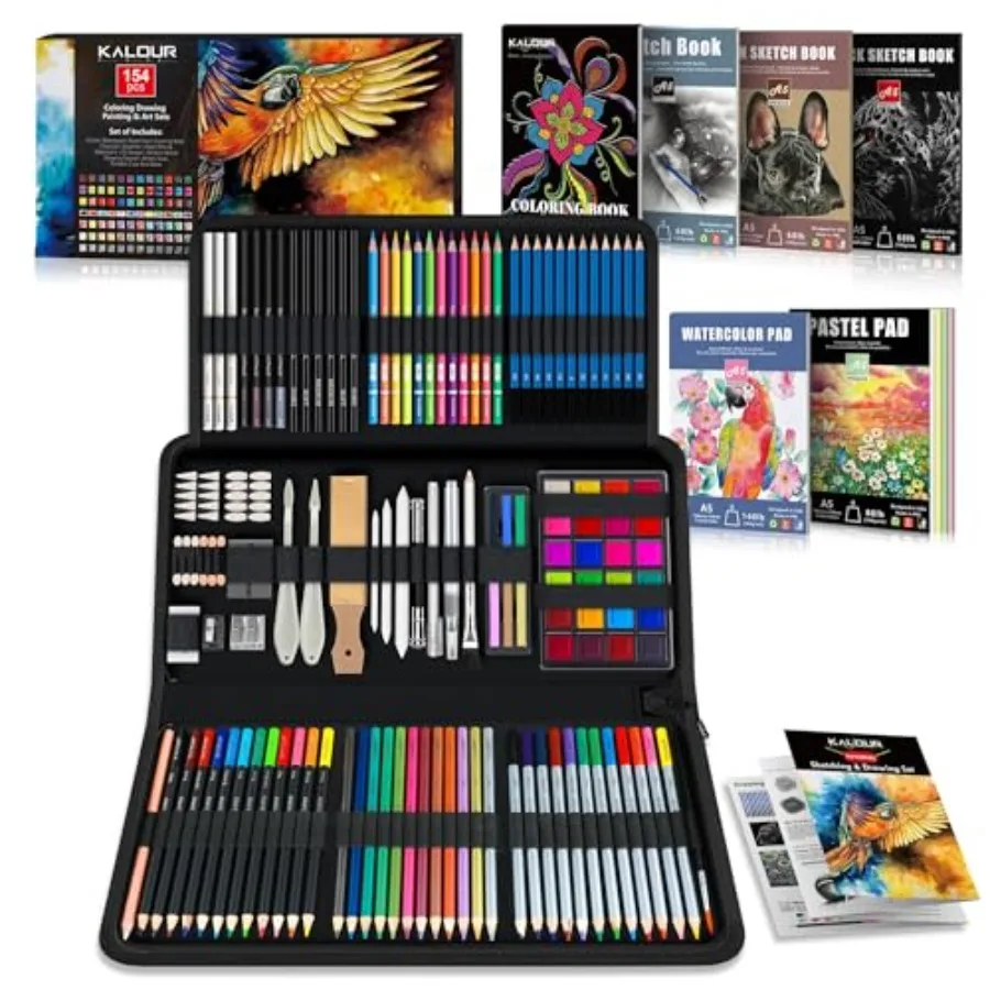 

Набор для рисования и творчества для художников из 154 предметов: 6 скетчбуков, обучающие материалы, бумага для раскрашивания, графит, цветные угольные и акварельные карандаши, а также другие принадлежности.