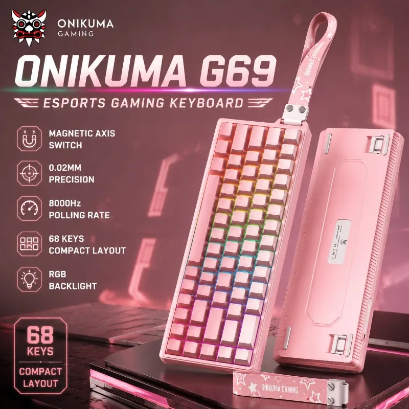 ONIKUMA G69 HE Magnetic Keyboard Wired Gaming 68 Keys Hall Effect Switch 8000Hz Return Rate 0.02mm Accuracy RGB Backlit Keyboard