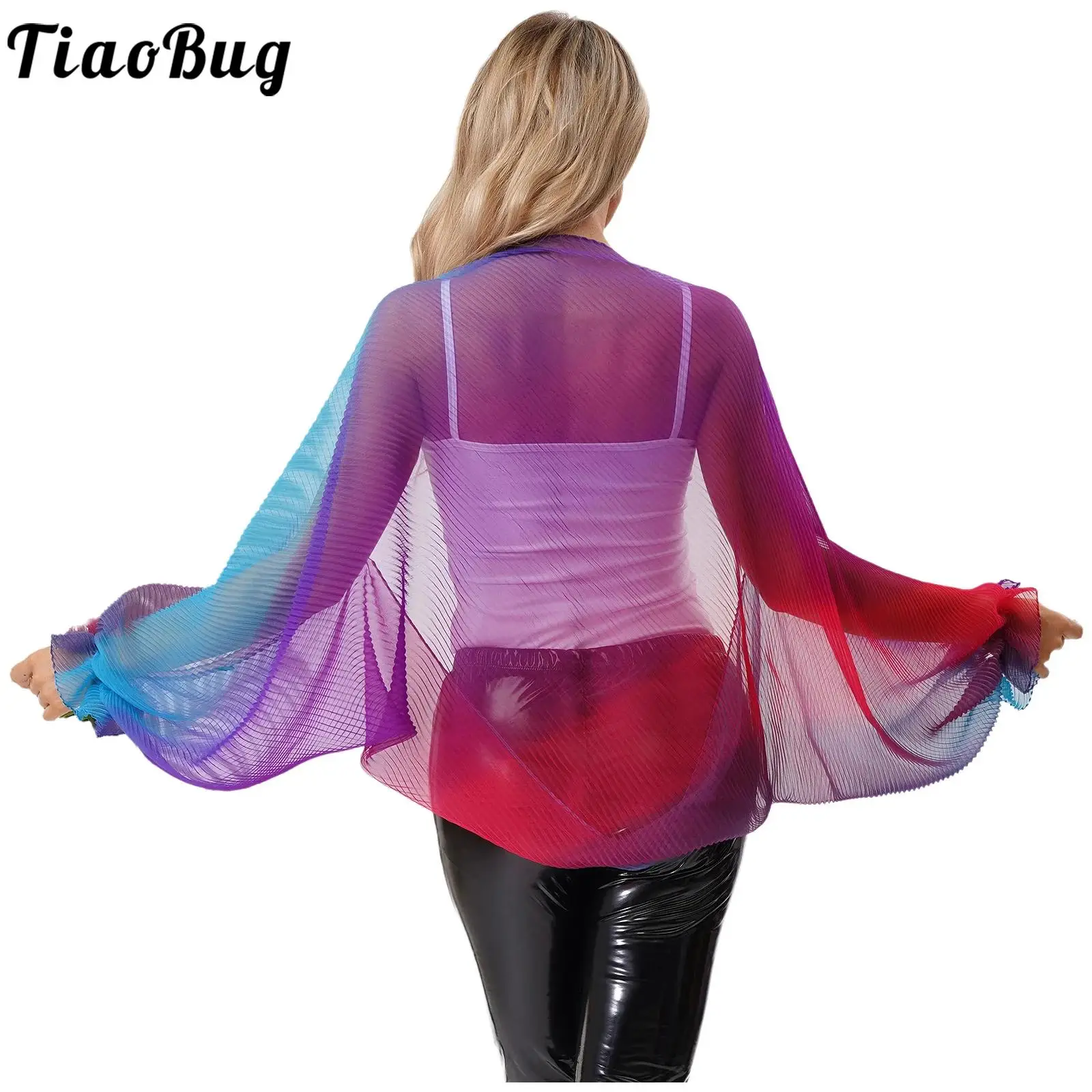 

Women Gradient Rainbow Color Shrug Shawls Thin Coat Ruffled Long Sleeve Open Front Pleated Cardigan Sun Protection Bolero Scarf