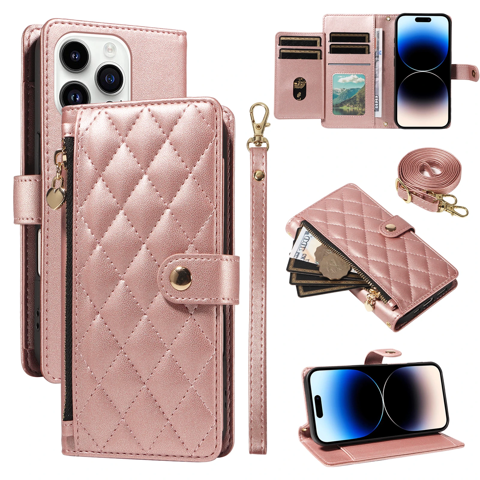 

Роскошный маленький ароматный стиль, кошелек на молнии с несколькими картами, чехол для телефона для iPhone 15 Pro Max Plus, защитный чехол с ремешком