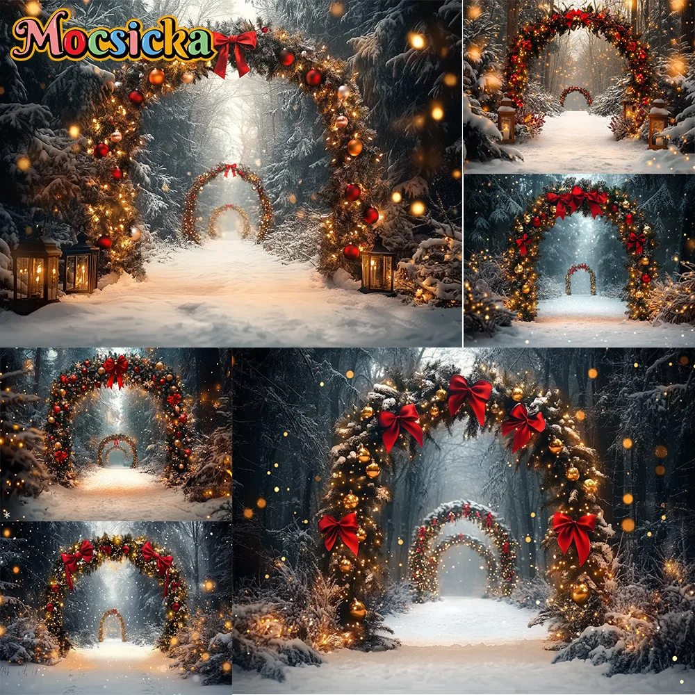 

Mocsicka Photography Backdrops Red Flower Arch Snow Decoration Family Xmas Holiday Party Portrait Backgrounds For Photographs