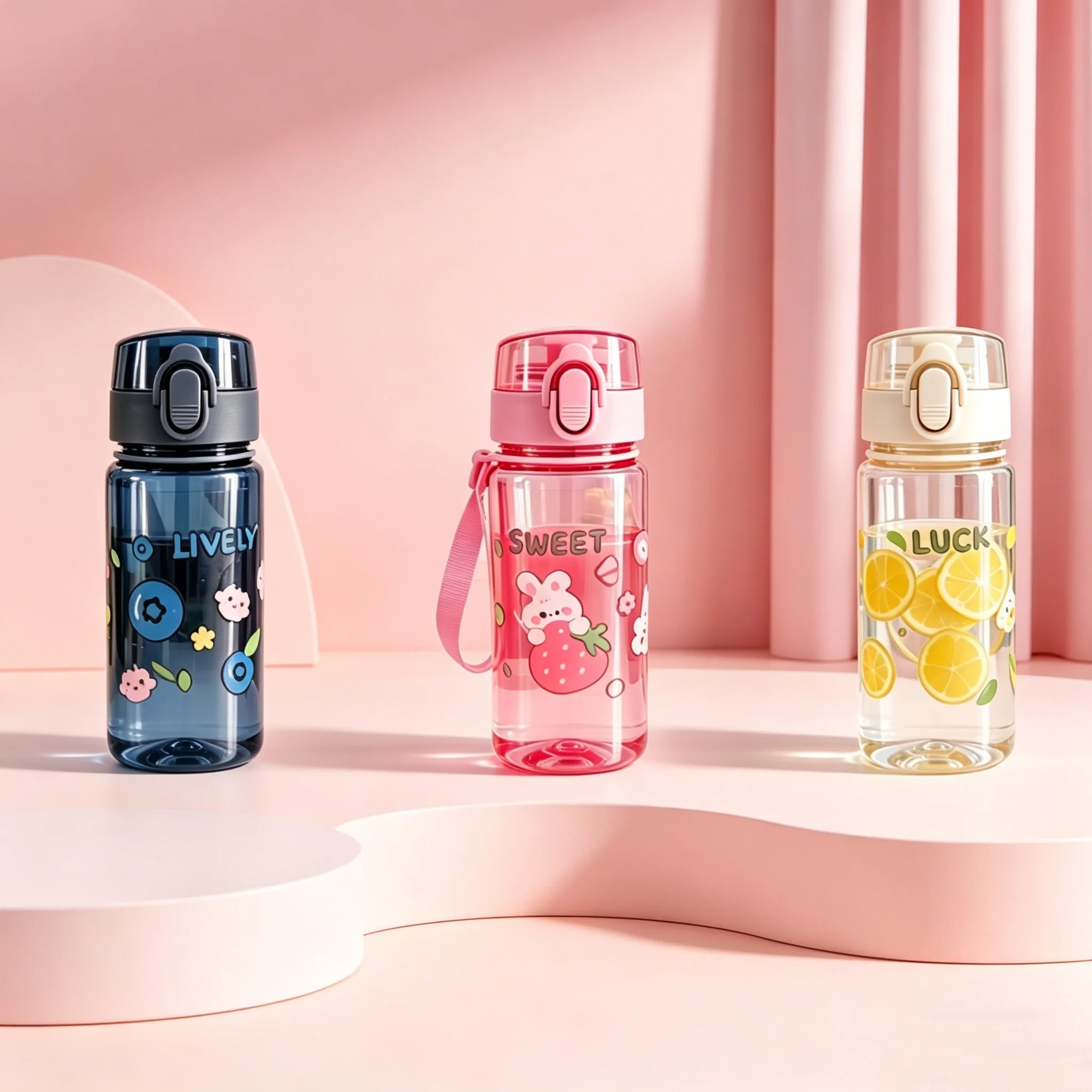 

Transparent Minimalist Water Bottle with Cute Rabbit & Lemon Cartoon Pattern, lightweight and leak-proof，fitted with portable